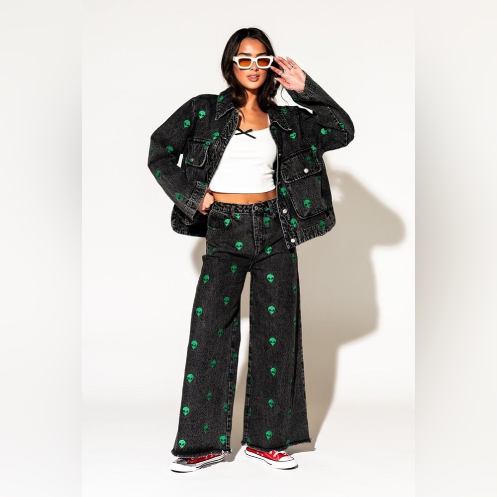 Wide Leg Black Jeans with Green Alien Print